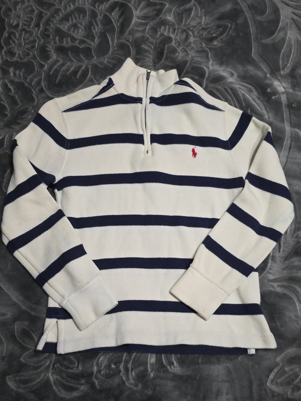 Ralph Lauren White & Navy Striped Half-Zip Sweater with Red Pony